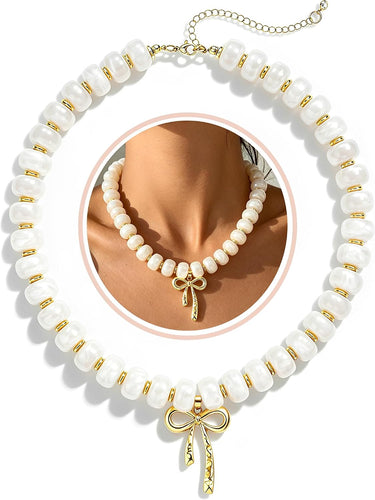 Chunky Beaded Choker — Resin Bow Pendant