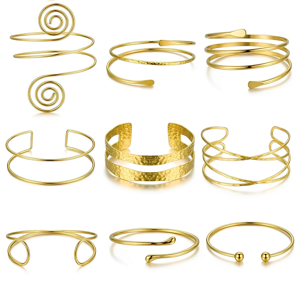 Boho Gold Arm Cuffs — 6 Piece Set, Adjustable Armlets