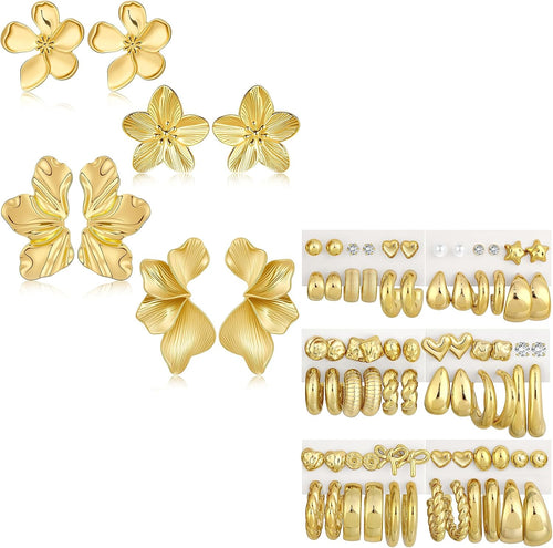 Chunky Gold Hoop Earrings — 40 Pairs, Mixed Styles