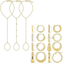 Load image into Gallery viewer, 3Pcs Gold Hand Chain Bracelets and 8 Pairs Gold Hoop Earrings for Women, Stack Bracelets Set Adjustable, Trendy Dainty Ring Bracelet Hand Chain