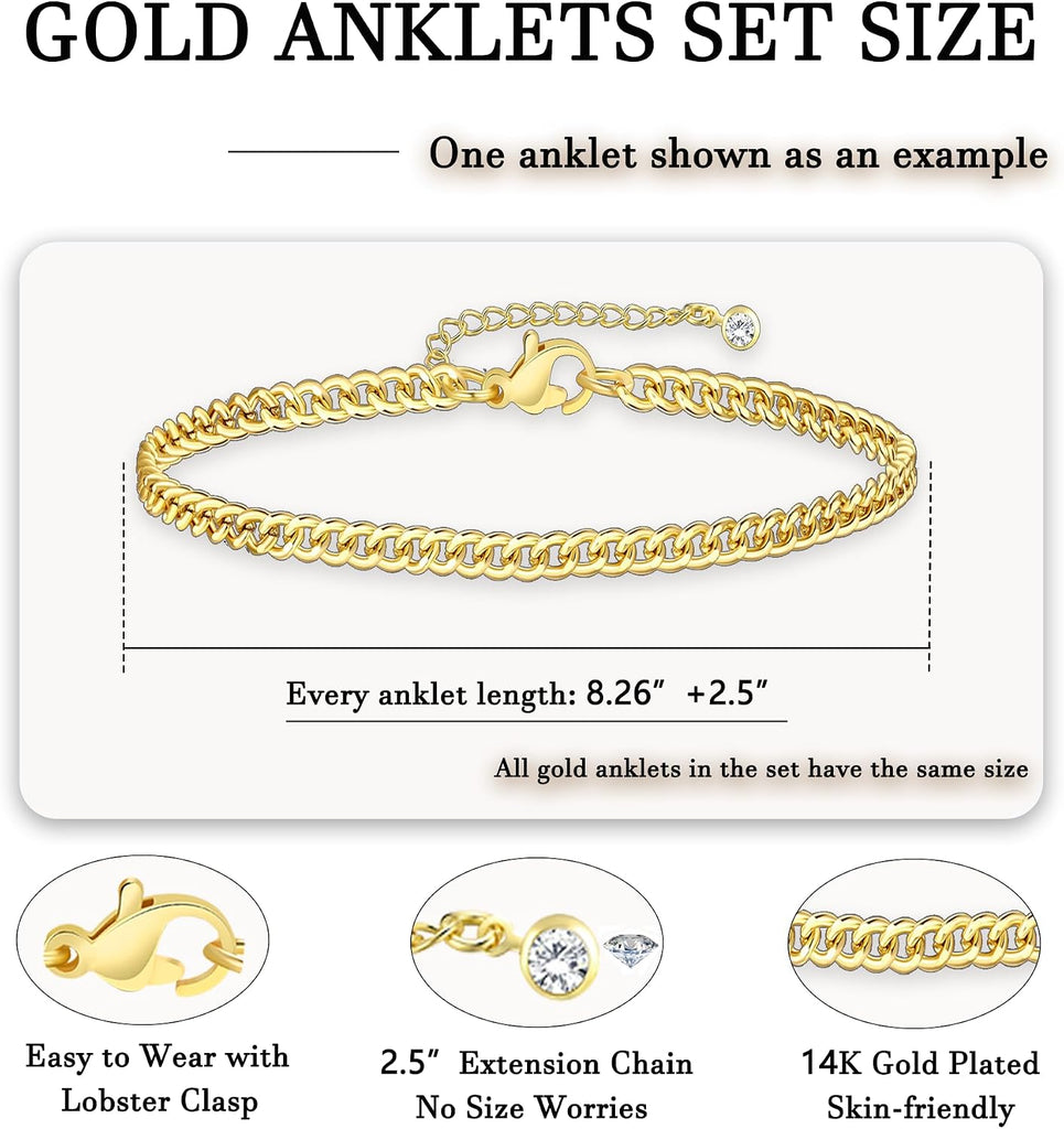 Gold Anklet Set — 21 Pieces, Adjustable Layered