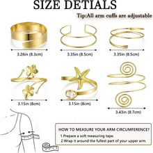 将图片加载到图库查看器，Boho Gold Arm Cuffs — 6 Piece Set, Adjustable Armlets