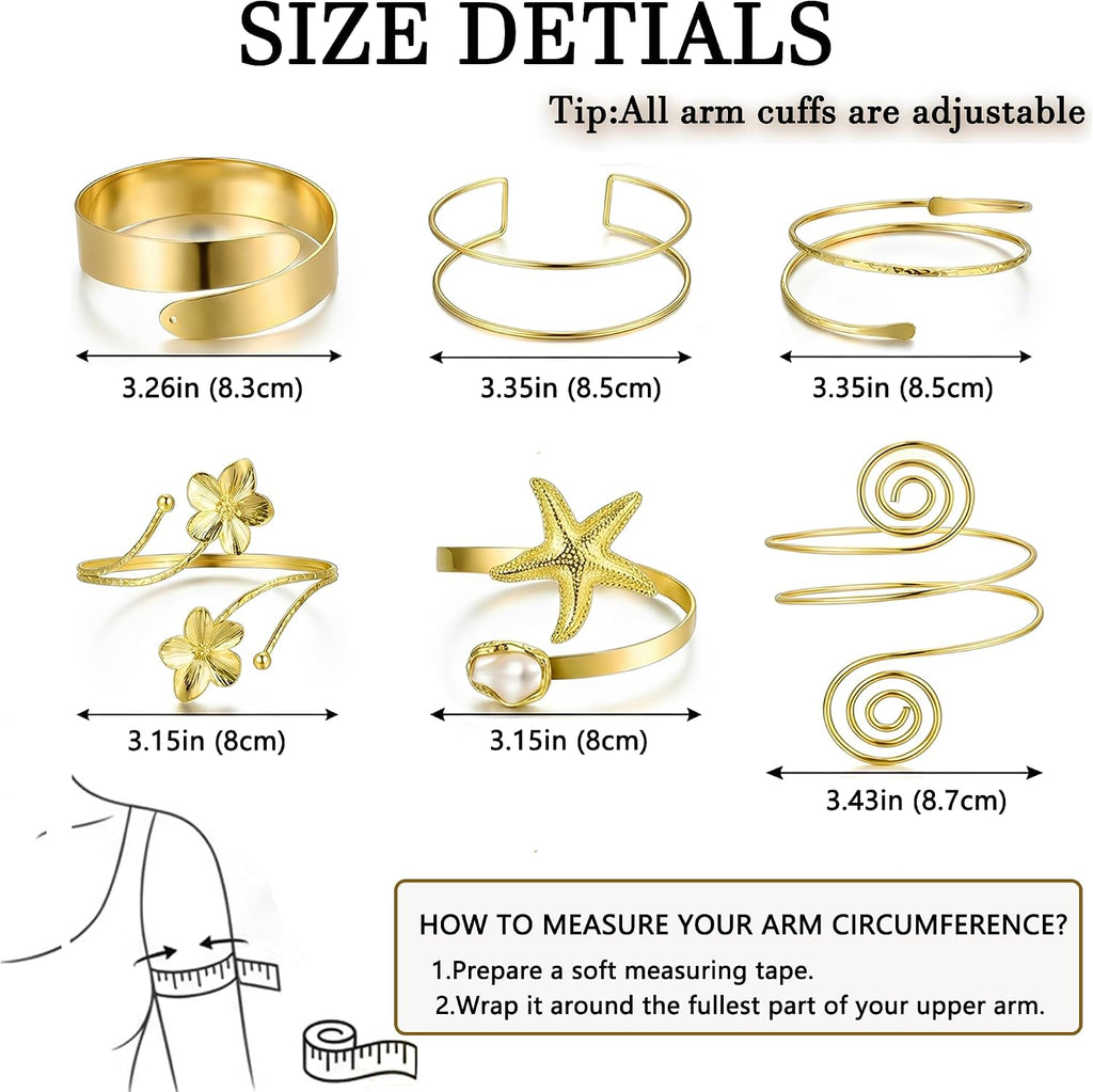 6PCS Gold Arm Cuff Bracelets for Women, Boho Statement Gold Upper Arm Bangle Band Armlet, Open Adjustable – view 4