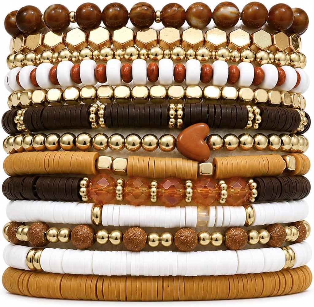 13pcs Boho Brown Gold Beaded Stretch Bracelets for Women, Heishi Clay Surfer Stackable Bracelet Stacks Summer Beach Jewelry