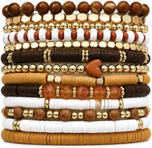 Load image into Gallery viewer, 13pcs Boho Brown Gold Beaded Stretch Bracelets for Women, Heishi Clay Surfer Stackable Bracelet Stacks Summer Beach Jewelry