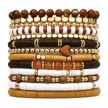 Load image into Gallery viewer, 13pcs Boho Brown Gold Beaded Stretch Bracelets for Women, Heishi Clay Surfer Stackable Bracelet Stacks Summer Beach Jewelry