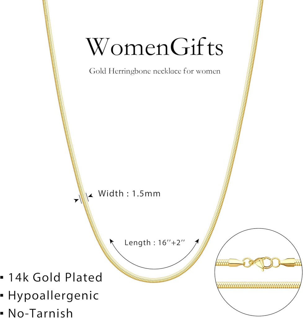 14K Gold Silver Plated Herringbone Necklace for Women, Non-Tarnish