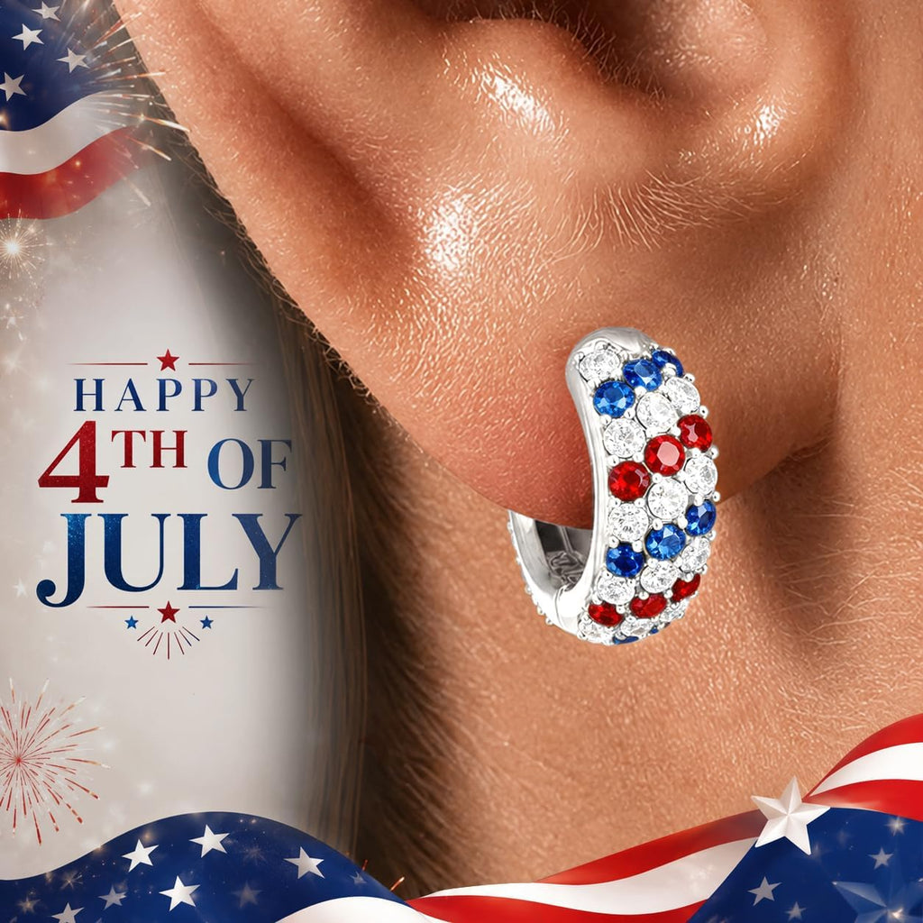 Red, White & Blue Hoop Earrings — Silver Tone, Cubic Zirconia