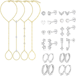 Hand Chain Bracelets & Steel Earrings — 16 Piece Set