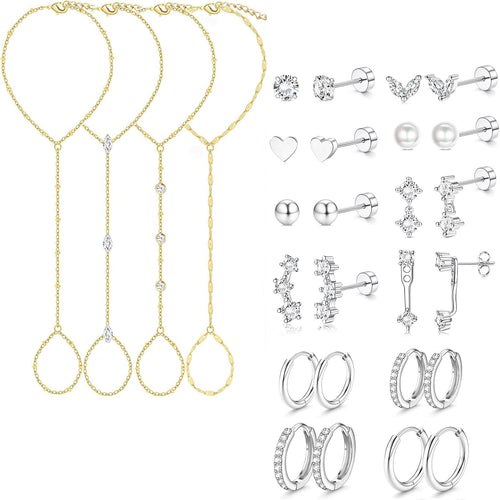 Hand Chain Bracelets & Steel Earrings — 16 Piece Set