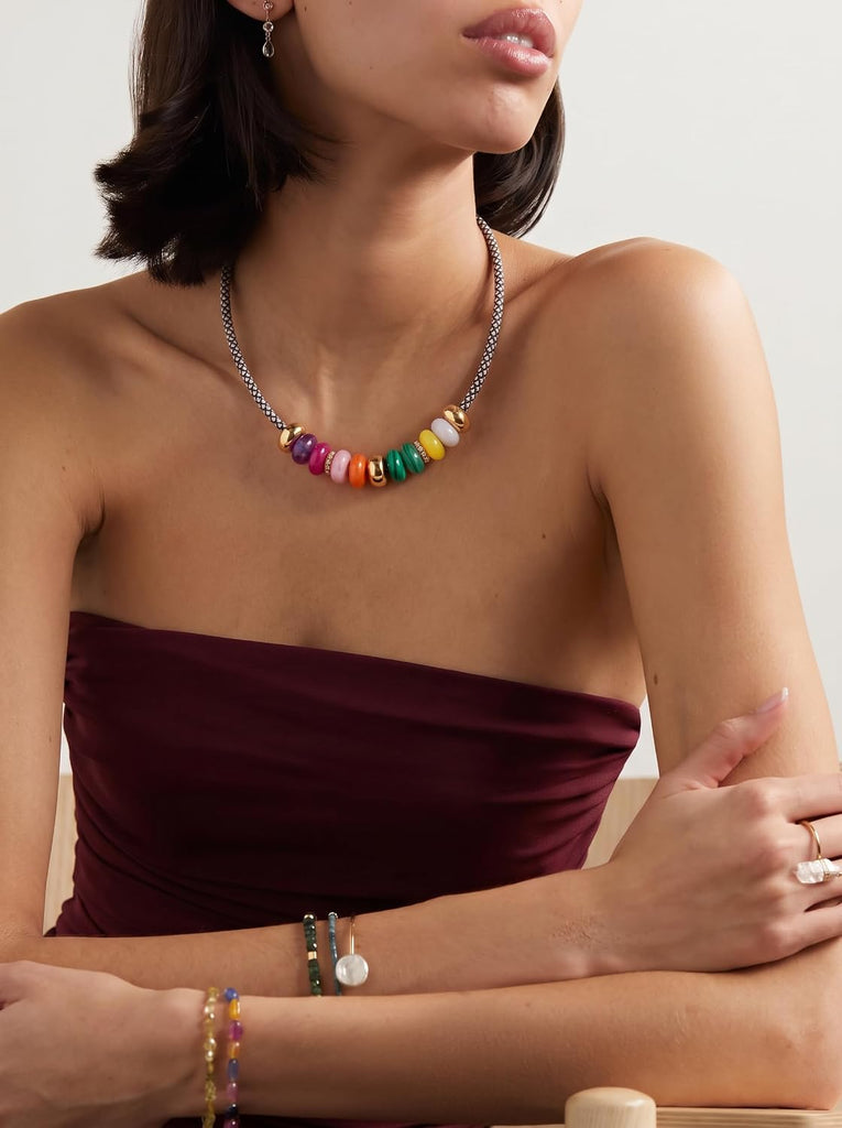Gold Beaded Choker Necklace for Women Colorful Pendant – view 3