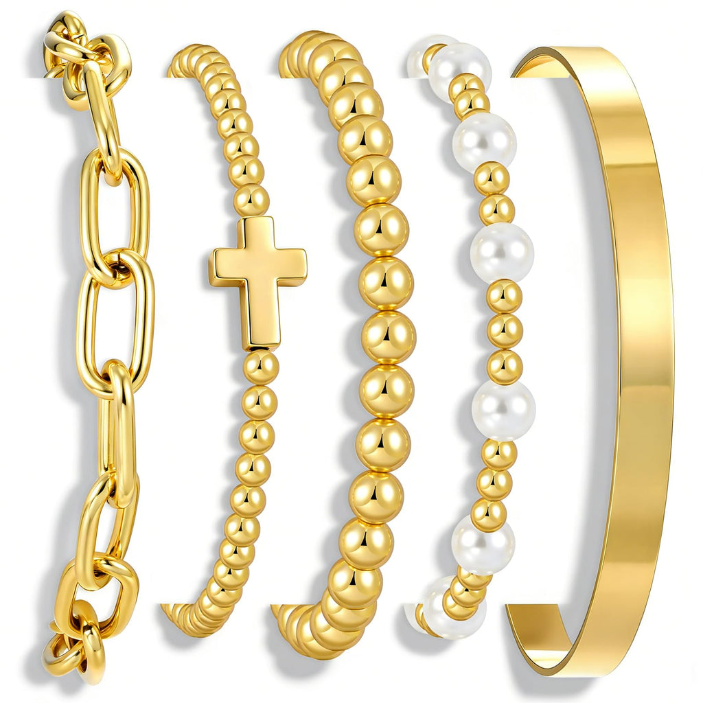 Gold Beaded Bracelets — 5 Pieces, 14K Plated Stretch