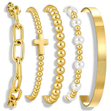 Load image into Gallery viewer, 5 Pcs Gold Beaded Bracelets for Women, 14K Gold Plated Stretch Bracelet