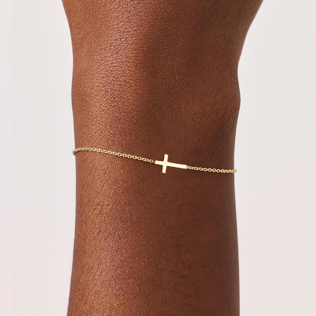 14K Gold-Plated Cross Bracelets for Women, Dainty Small Cross Link Chains Bracelets, Cute Tiny Bracelet Christian Religious Faith Jewelry Gifts
