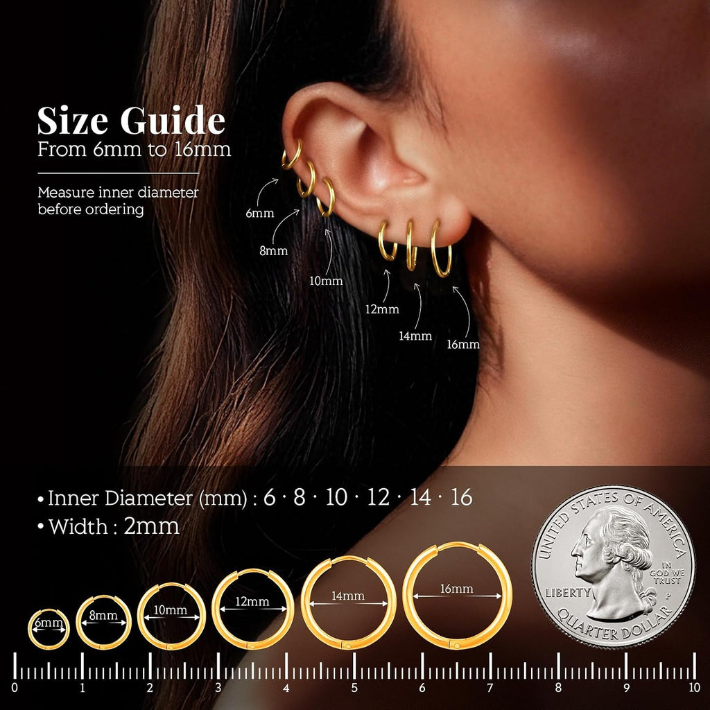 Gold Hoop Earrings — 6 Pairs, 14K Gold Plated Stainless Steel