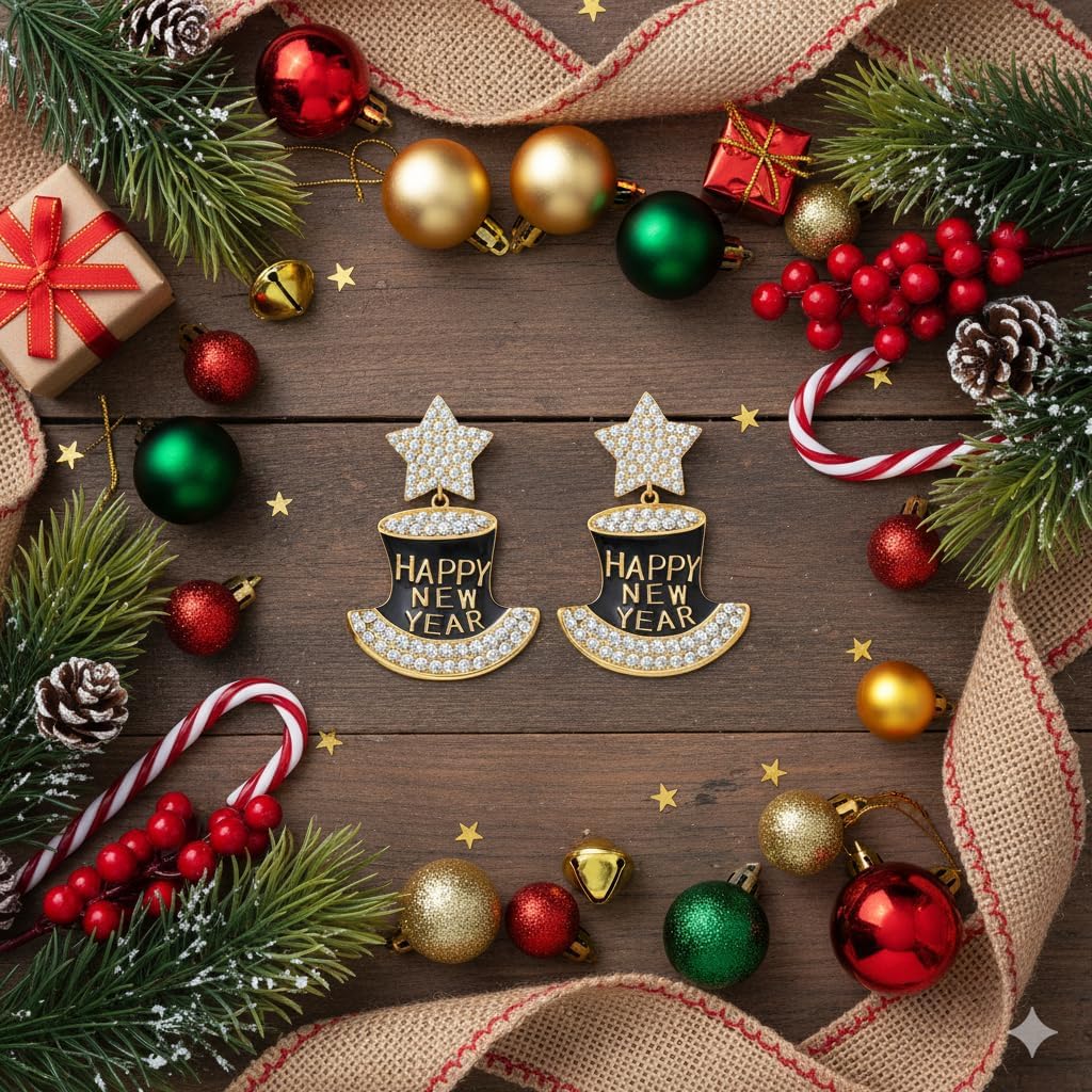 Happy New Year Rhinestone Dangle Earrings – view 5