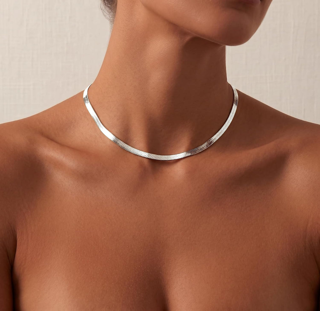 Chunky Silver Herringbone Choker Necklace for Women, Stainless Steel – alternate view