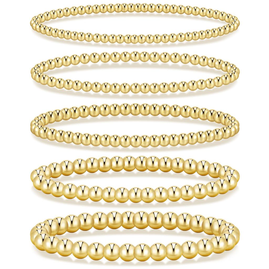 Gold Beaded Bracelets — 5 Pieces, 14K Plated Stretch