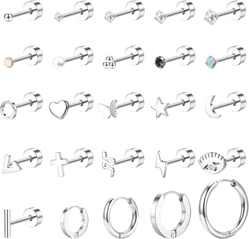 25PCS Flat Back Earrings Set for Women, Conch Piercing Stackable Stud 14K Gold Plated Hypoallergenic Surgical Stainless Steel Small Hoop Earrings for Sensitive Ears, Cartilage Helix Tragus Piercing Jewelry
