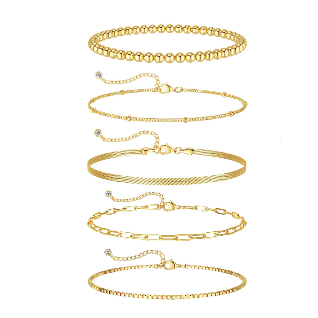 Dainty Gold Bracelets for Women Waterproof, Stackable 14K Gold Plated Waterproof Rope Cuban Snake Paperclip Figaro Link