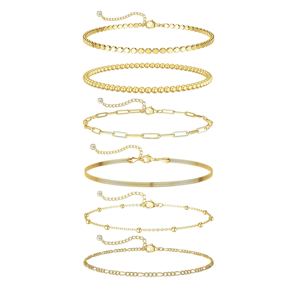 Gold Bracelets Set for Women Waterproof, Non Tarnish 14K Gold Plated Tennis Beaded Figaro Herringbone Paperclip Link Chains,