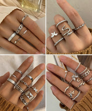 将图片加载到图库查看器，30 Pcs Silver Stackable Rings Set for Women, Boho Butterfly Snake Knuckle Finger Rings Stack, Vintage Midi Rings Pack Summer Jewelry