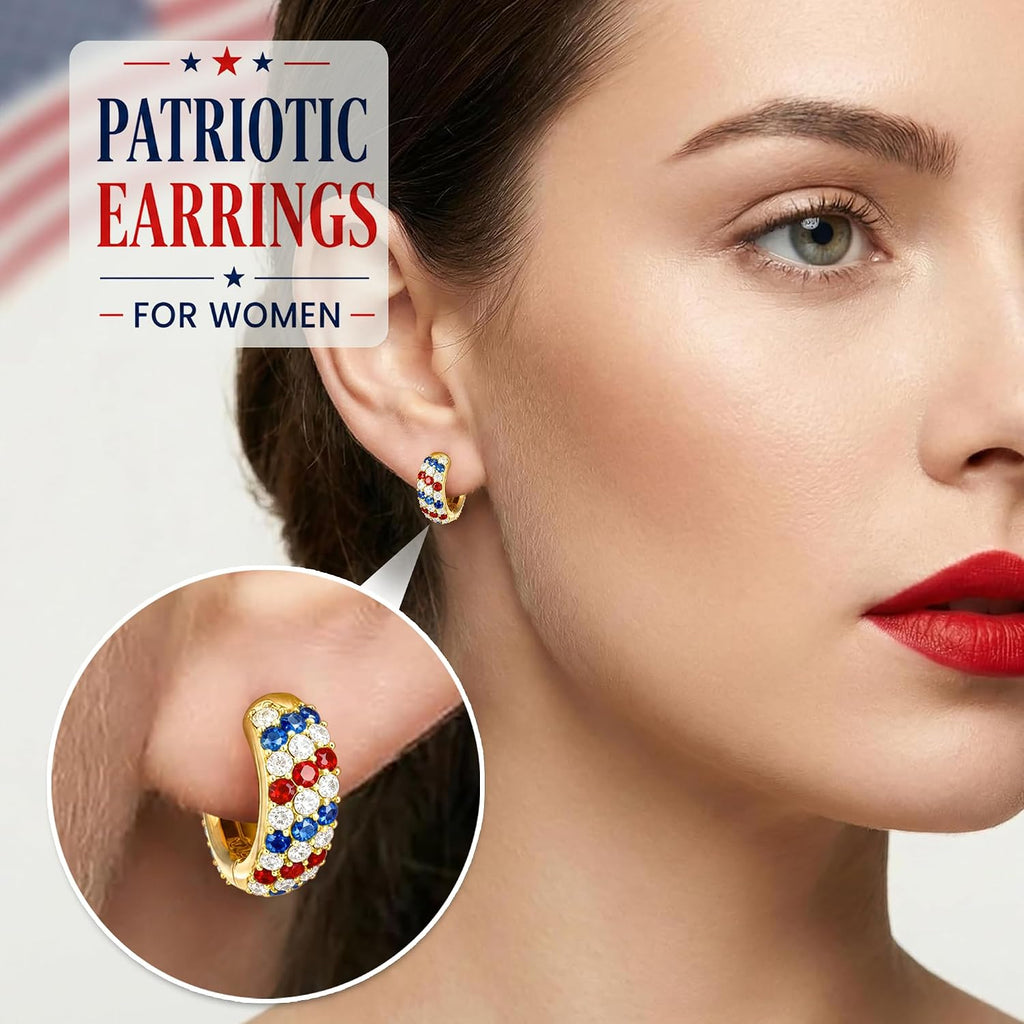 Red, White & Blue Hoop Earrings — 14K Gold Plated, Cubic Zirconia