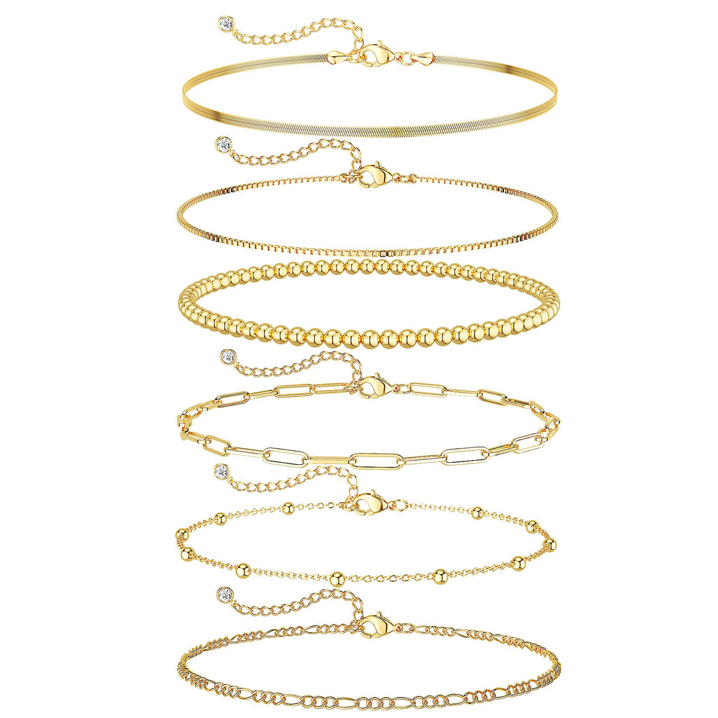 Gold Bracelets Set for Women Waterproof, Non Tarnish 14K Gold Plated Tennis Beaded Figaro Herringbone Paperclip Link Chains,