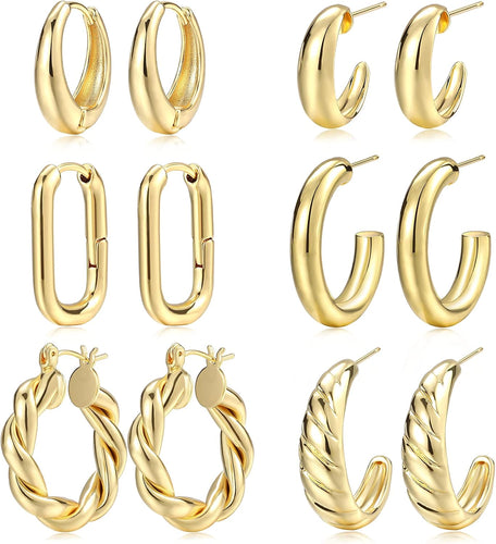 Gold & Silver Hoop Earrings — 6 Pairs, Chunky Mixed