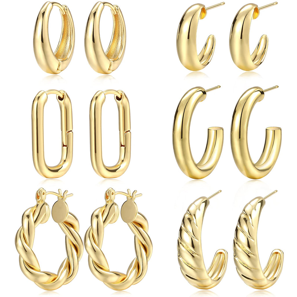 Gold & Silver Hoop Earrings — 6 Pairs, Chunky Mixed