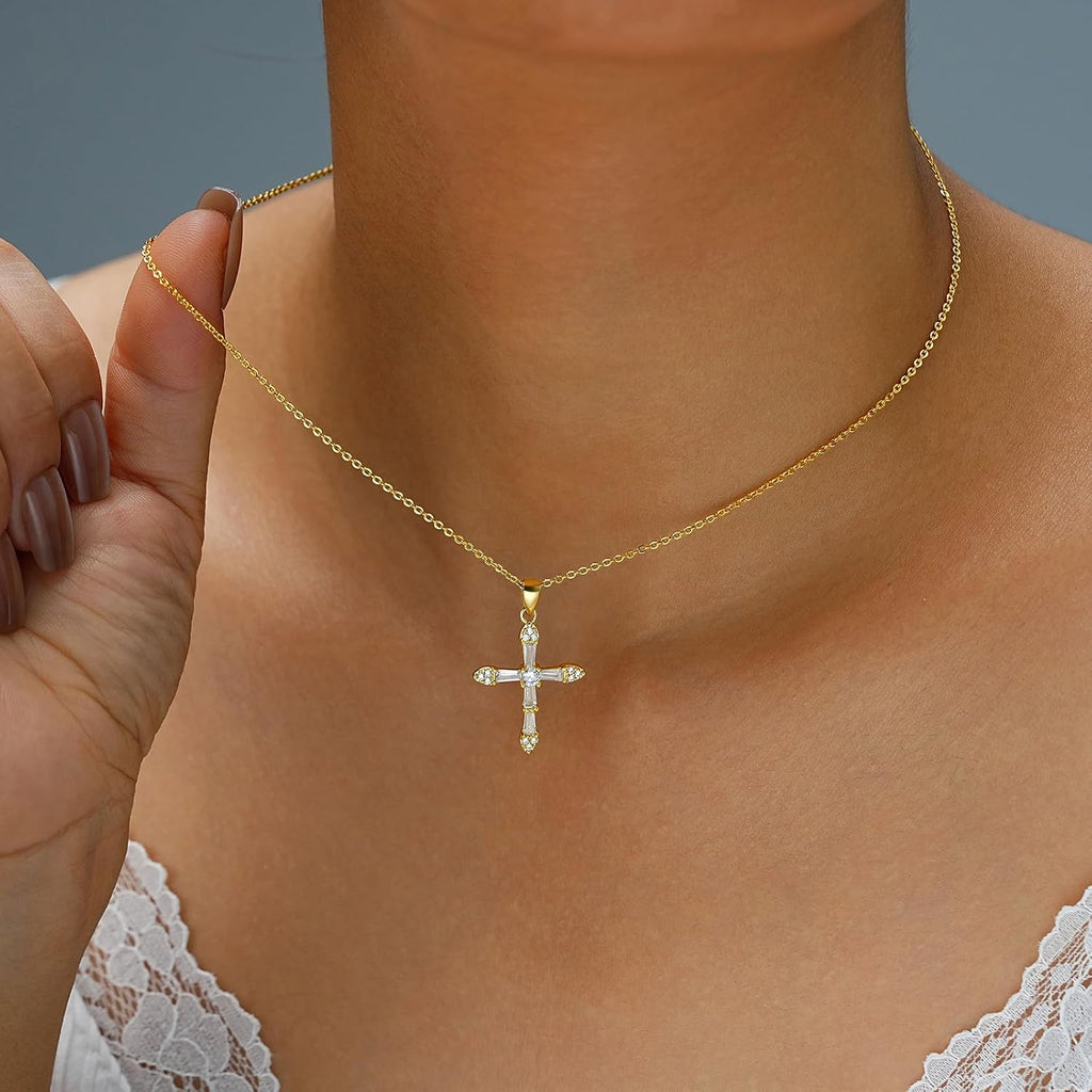 Gold Cross Necklace — Crystal Pendant, 14K Plated