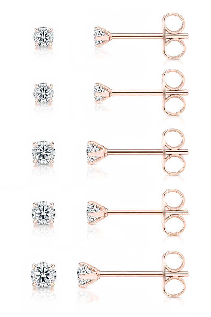 Mini CZ Stud Earrings — 5 Pair Set, 14K Gold Plated