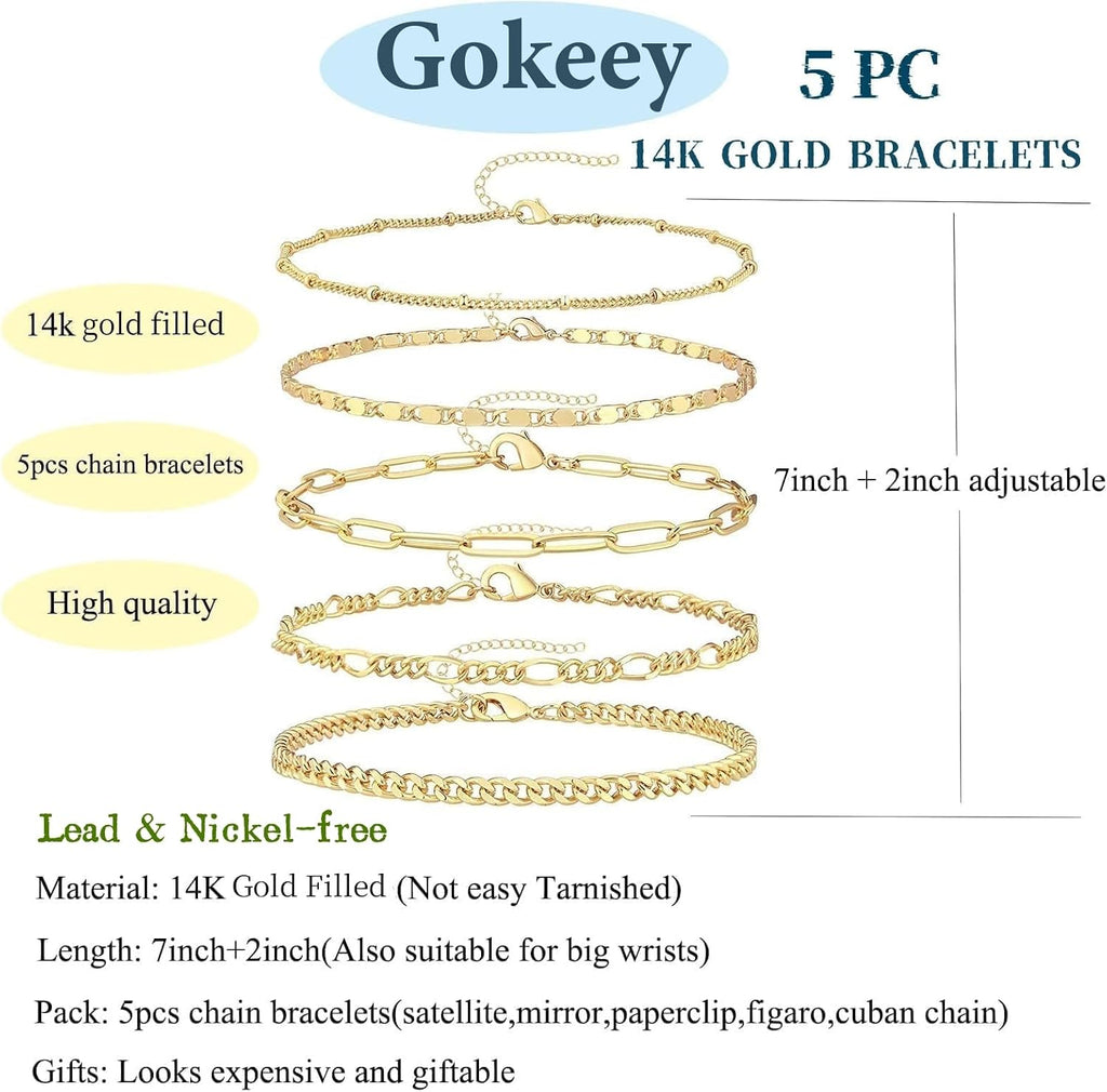 Gold Chain Bracelet Set — Paperclip & Cuban Link, 7"+2"