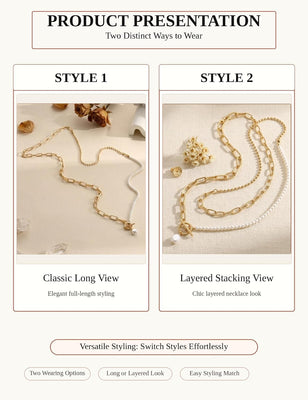Layered Pearl Chain Necklace — 14K Gold Plated, Toggle Clasp