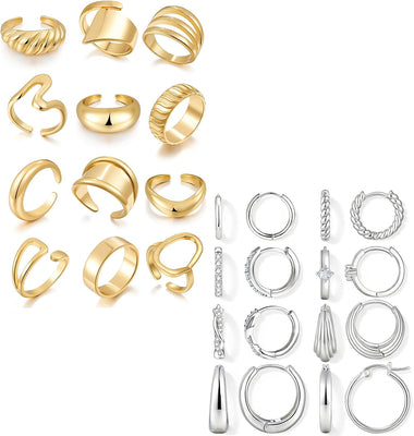 Gold Stacking Rings & Silver Hoops — 20 Piece Set