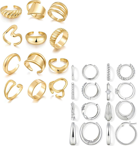 Gold Stacking Rings & Silver Hoops — 20 Piece Set