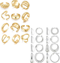 Load image into Gallery viewer, 12 Pcs Gold Stackable Rings for Women and 8 Pairs Silver Hoop Earrings, 18K Gold-Plated Statement Open Stacking Rings, Knuckle Band Ring Set