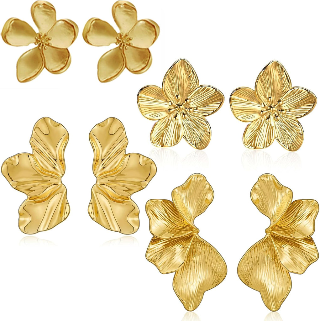 Chunky Gold Flower Dangle Earrings for Women, Gold Plated Irregular Leaf Floral Big Statement Earrings Set