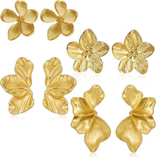 Load image into Gallery viewer, Chunky Gold Flower Dangle Earrings for Women, Gold Plated Irregular Leaf Floral Big Statement Earrings Set