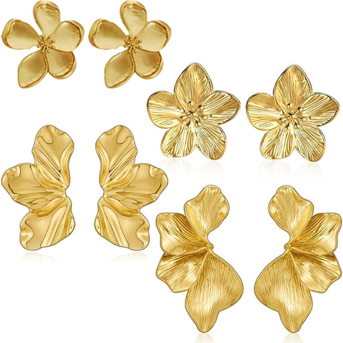 Chunky Gold Flower Dangle Earrings for Women, Gold Plated Irregular Leaf Floral Big Statement Earrings Set