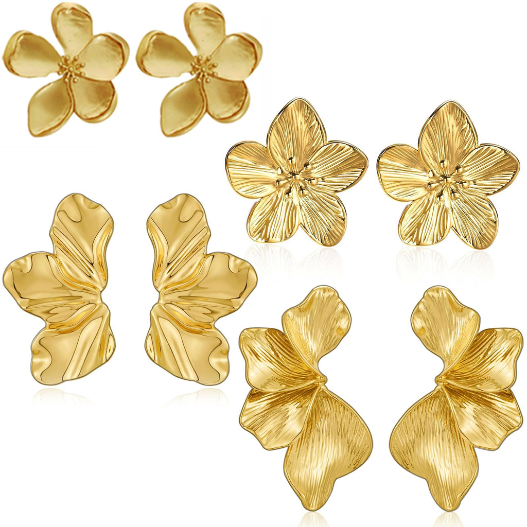 Chunky Gold Flower Dangle Earrings for Women, Gold Plated Irregular Leaf Floral Big Statement Earrings Set – view 9
