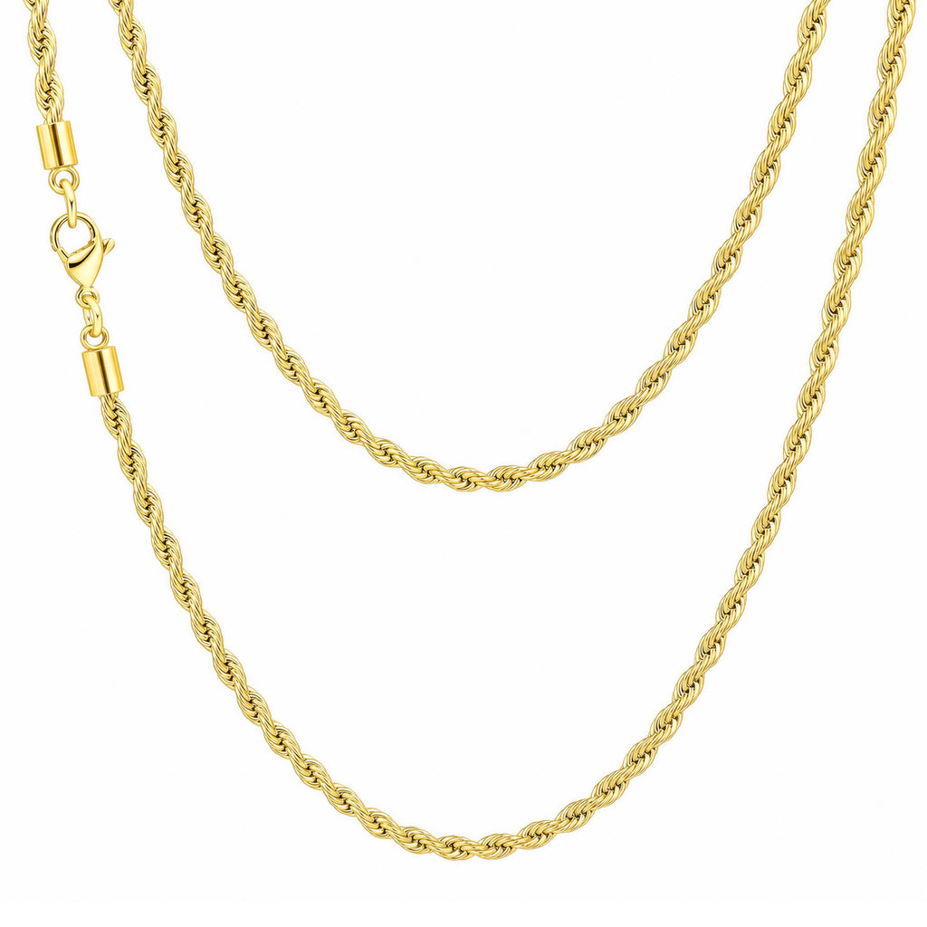 Rope Chain Necklace for Men Women, 316L Stainless Steel Twist Link Chain for Men, Gold Silver Black Tone, Hypoallergenic