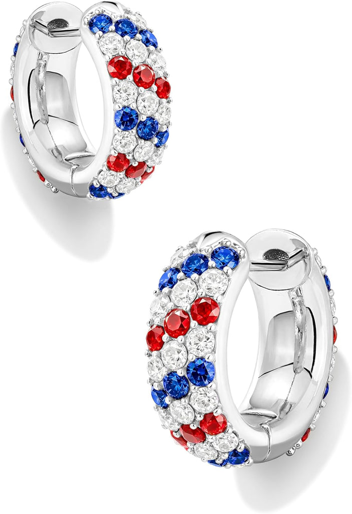 Red, White & Blue Hoop Earrings — Silver Tone, Cubic Zirconia