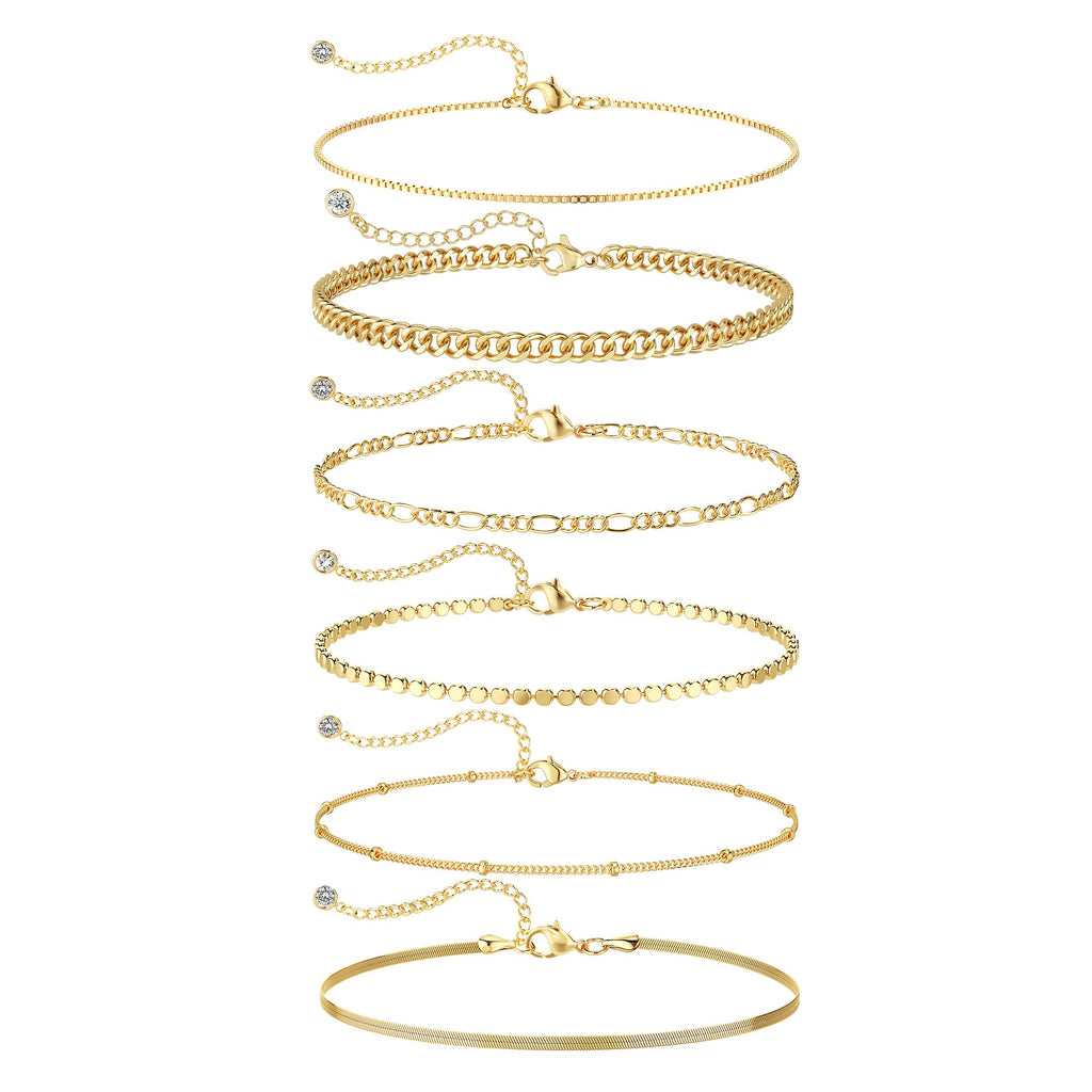 Gold Bracelets Set for Women Waterproof, Non Tarnish 14K Gold Plated Tennis Beaded Figaro Herringbone Paperclip Link Chains,