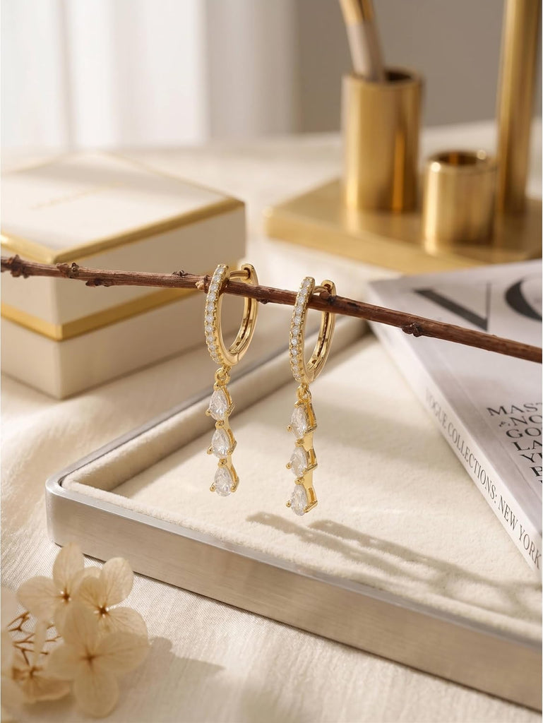 Gold Dangle Drop Earrings for Women, Elegant Wedding Bridal Prom Jewelry, Trendy Hypoallergenic Small Diamond Crystal Huggie