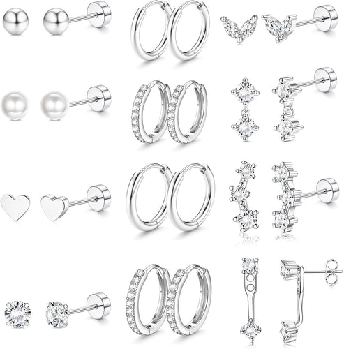 Surgical Steel Flat Back Earrings for Sensitive Ears Women - Hypoallergenic Stainless Steel Flatback Stud Hoop Silver Cartilage Earring Stacks Set - Helix Tragus Conch Daith Multiple Piercing Jewelry
