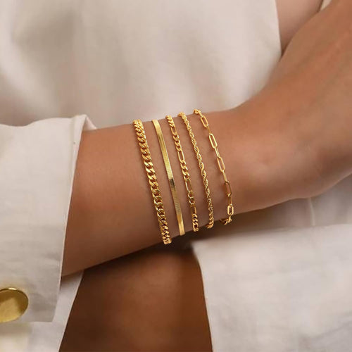 Dainty Gold Bracelets for Women Waterproof, Stackable 14K Gold Plated Waterproof Rope Cuban Snake Paperclip Figaro Link Chains, Non Tarnish Jewelry Set Gifts