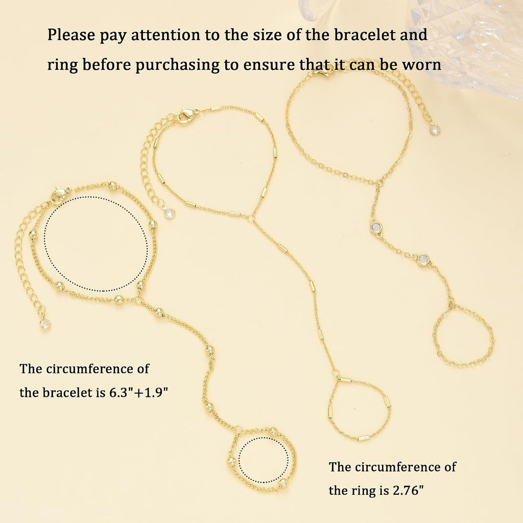 3PCS 14K Gold-Plated Hand Chain Bracelets for Women, Stack Bracelets Set Adjustable, Ring Bracelet Hand Chain