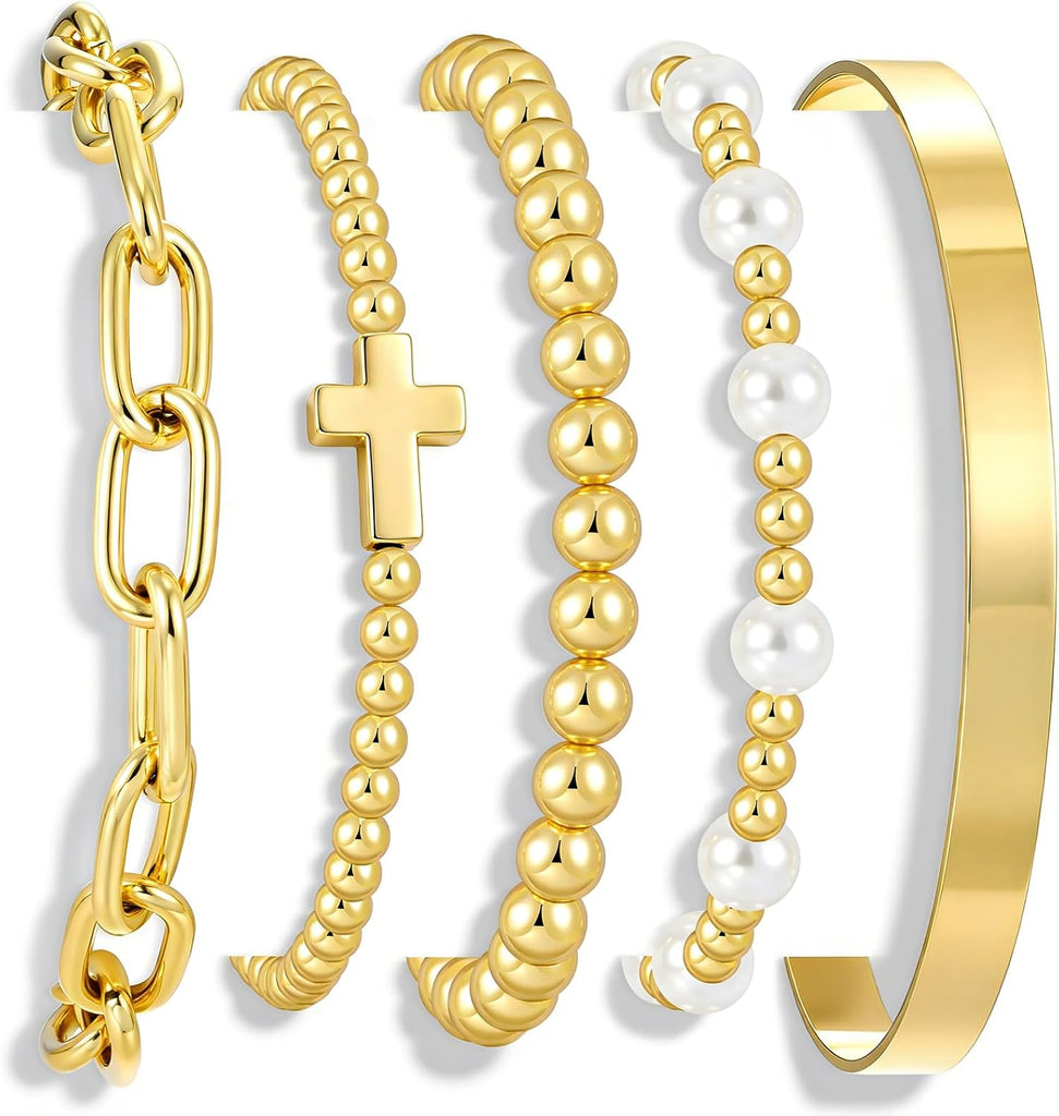 Gold Beaded Bracelet Set — 5 Pieces, Stretch Stack