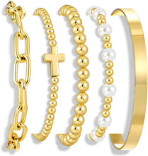 Load image into Gallery viewer, 5 Pcs Beaded Bracelet Set for Women, 14K Gold Plated Stackable Stretch Bead Ball Bracelet Stack